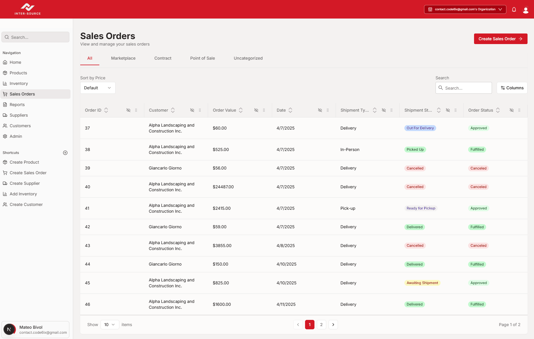 InterSource Sales Order Processing Screen